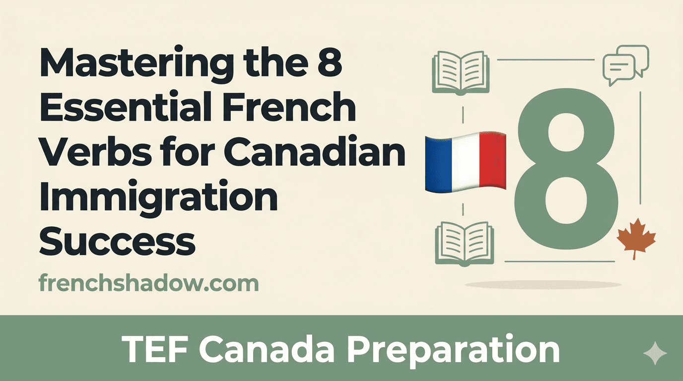 Person writing French verbs in a notebook with a Canadian flag in the background
